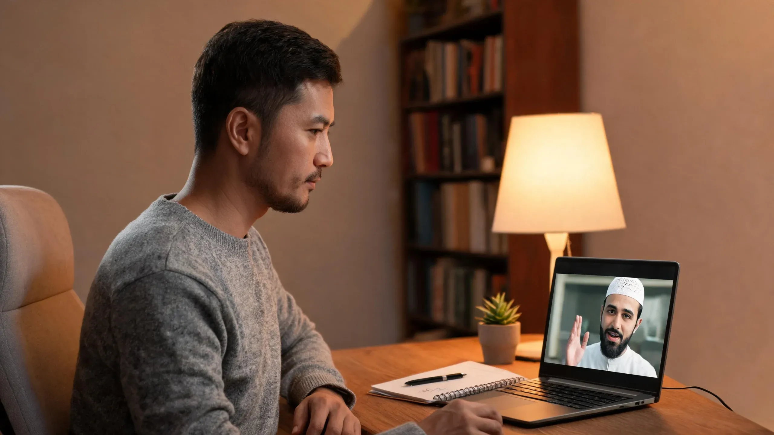 An adult student at his desk in a one-to-one online Quran class