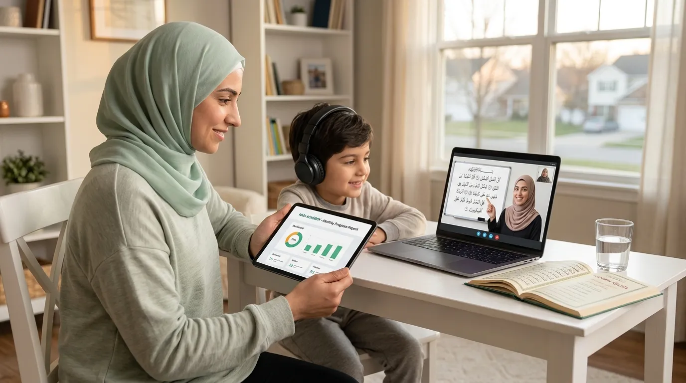 A mother and her son following a live online Quran lesson with a female teacher
